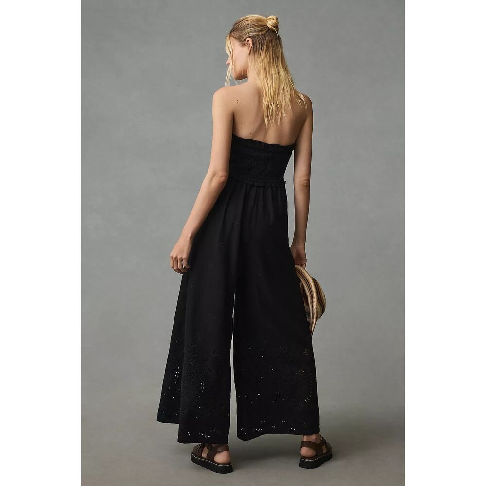 Anthropologie Linen Blend Strapless Black Wide Leg Eyelet Jumpsuit Size XL - Picture 2 of 7